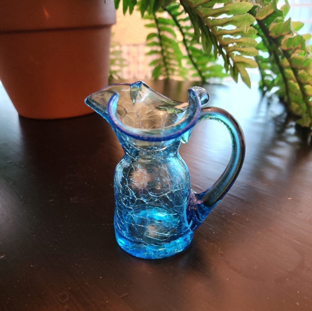 Vintage Blue Crackle Glass Pitcher